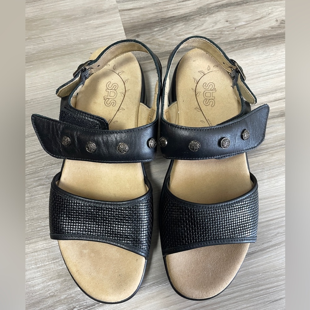 SAS Lisette Ankle Heel Strap Leather Comfort Sandals Black Size 8